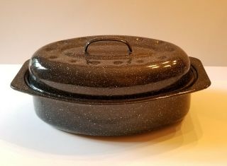 Small Black Speckled Enamel Oval Roasting Pan With Lid & Rack 13 " X 8 "