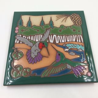 Vintage Ceramic Art Tile Trivet Hummingbirds Flowers 6 Inches