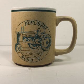 Vintage John Deere Model B Tractor History Coffee Mug Cup Embossed Beige Green