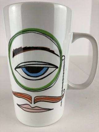 Starbucks Tall 16oz White Coffee Tea Latte Mug Cup Blue Eye,  Mustache