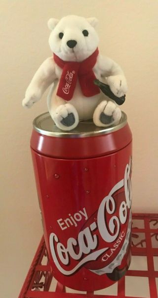 Coca - Cola Tin Can Piggy Bank Coin Bank W.  Bonus Cute Coca Cola Polar Bear Plush