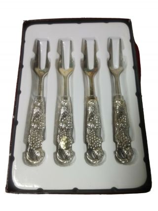 Silver Plated 2 Prong Cocktail Forks - Grape Cluster Handles - 5 " Long Set4