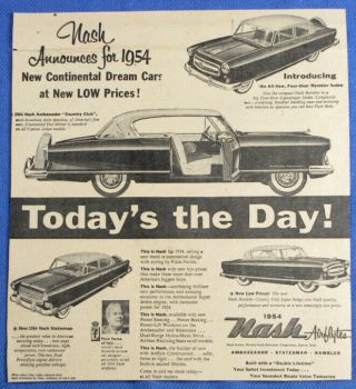 Vintage 1954 Nash Ambassador Statesman Sedan Car Newspaper Print Ad