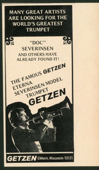 1973 Doc Severinsen Photo Getzen Eterna Model Trumpet Elkhorn Vintage Print Ad