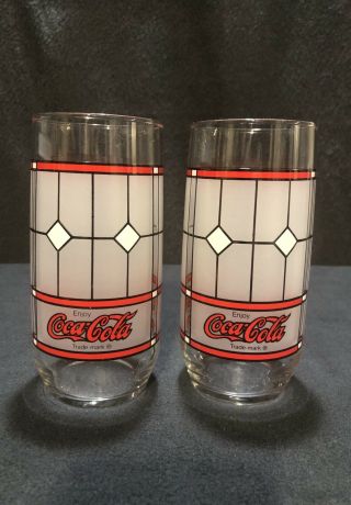 Vintage Enjoy Coca Cola Red Frosted Stained Glass Style 6 " Tall Tumblers Tiffany