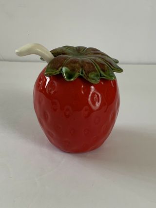 Vintage Ceramic Strawberry Hand Painted Jelly Jam Jar With Lid And Spoon