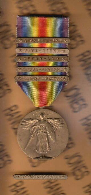Us Military Wwi Victory Medal W/ 5 Bars & Foreign Service Clasp Award