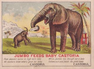Victorian Trade Card Jumbo Feeds Baby Elephant Castoria & Centaur Liniment 4 X 3