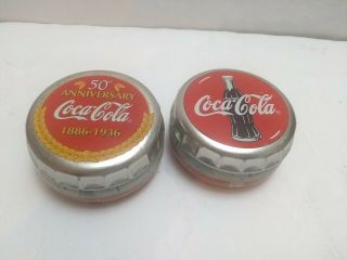 Set Of 2 1997 Coca Cola Bottle Cap Shaped Metal Tins Advertising Collectible