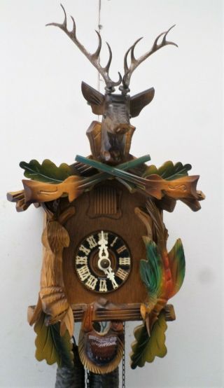 Old German Black Forest Hunter Deer Head Carved Cuckoo Clock