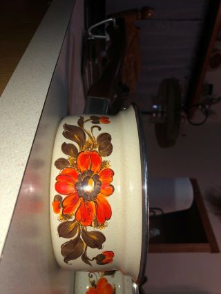 Vintage 1970s Moneta Made In Italy Enamelware Pot Beige Floral Design