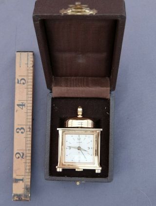 Vintage Luxor Swiss Gilt Miniature Travel Alarm Clock In Case - Running Well