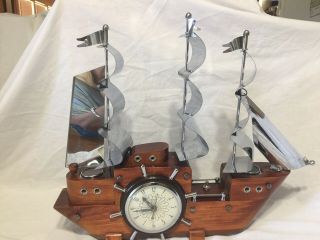 Vintage United Wood & Chrome Lighted Old Sailing Ship Mantel Clock