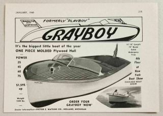 1949 Print Ad Grayboy Molded Plywood Boats Victor Watkins Co.  Holland,  Mi