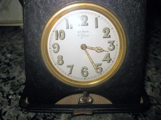 Vintage Buren 8 Day Travel Clock,  Leather Case,