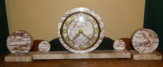 Vintage Art Deco Marble Mantel Clock With Matching Bookends -