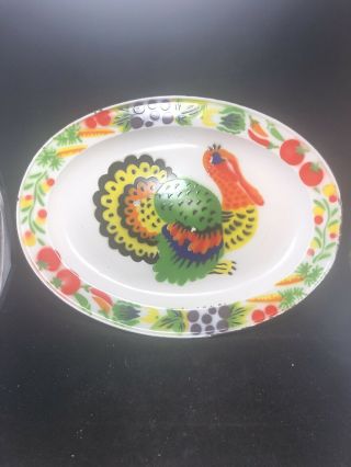 Vintage Metal Enamel Turkey Platter Oval Plate Thanksgiving J2
