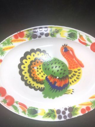 Vintage Metal Enamel Turkey Platter Oval Plate Thanksgiving J2 3
