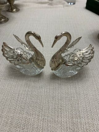 Vintage Pair Glass & Silver Plated Swan Salt Cellar Set