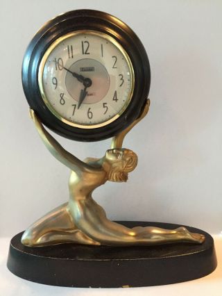 Vintage Art Deco Snider 8 Day Nude Women Mantle Clock Wind Up