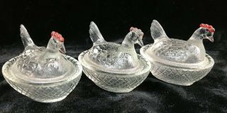 Set Of 3 Clear Glass Miniature Hen On A Basket Salt Dips
