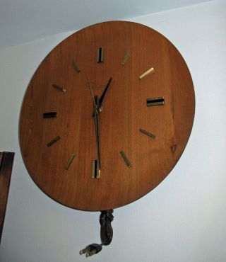 Vintage Mid Century Modern Teak Wood Wall Clock By Ingraham -