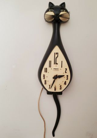 Retro Spartus Black Cat Electric Wall Clock W Moving Tail & Eyes.