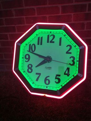 Electric Neon Clock Vintage Cleveland 8 Sided Oriignal Face Sign Updated Runs