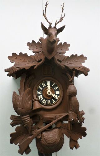 Stunning Rare Large German Black Forest Rustic Hunter Deer Carved Cuckoo Clock