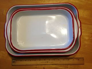 Set Of 3 Vintage Red White Enamel Enamelware Roasting Or Cake Pan