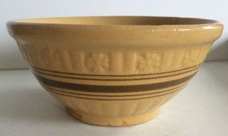 Yellow Ware Bowl - Brown Banded Raised Flower Band Large 9.  25 "