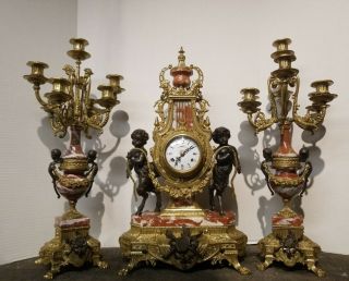 Franz Hermle Imperial Italy High Style Mantle Clock & Candelabras Marble & Brass