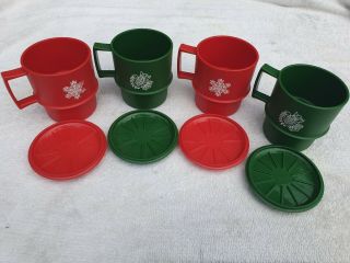 Set Of 4 Tupperware Red & Green Stackable Holiday Mugs W/lids 1312 Snowflake