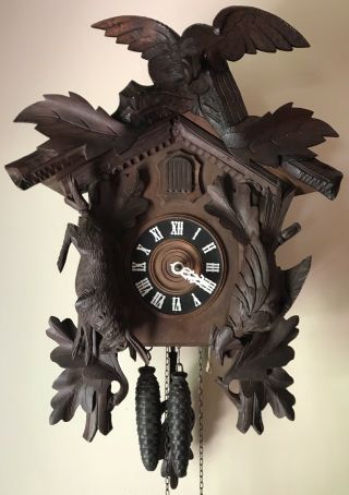 Vintage Large 18 " X 13.  5 " X 9 " German Wood Gong Cuckoo Clock Hunter Rabbit Bird