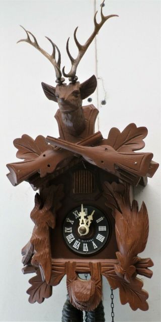 Stunning Old German Black Forest Hunter Deer Head Carved Cuckoo Clock