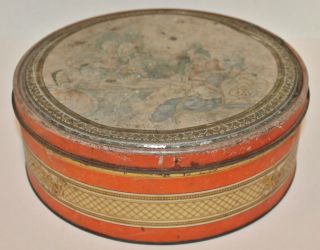 Vintage Art Deco Round Tin Box Canco Victorian Scene - Old Patina - 10 " X 4 "