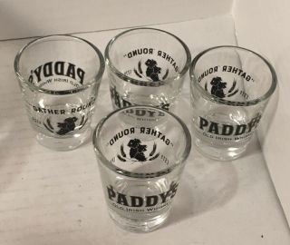 Paddy’s Old Irish Whiskey Set 4 Shot Glasses Gather Round Est 1779 Libbey Glass