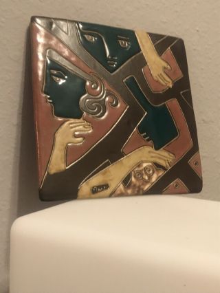 Vintage Signed Ceramic Art Tile Trivet Hot Plate Abstract Face Owl Wall Hanging 3