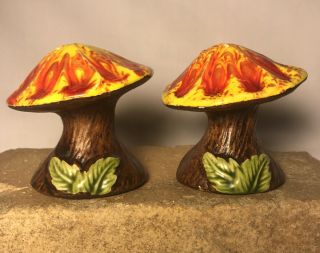 Vintage 70s Treasure Craft Mushroom Salt Pepper Orange Yellow Drip Glaze