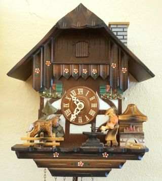 Vtg German Black Forest Wood Carved Cuckoo Clock 3 - Weight Music Box Blacksmith