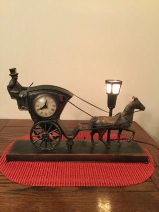 Vintage United Metal Goods Mgf Co.  Clock W/light Horse Buggy Cab Lamp