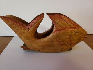 VTG Hand Crafted Wood Fish Napkin Holder Hand Painted 8.  5 