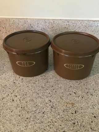 Tupperware Vintage 2 Piece Set Brown Coffee & Tea Stacking Canisters 263 Lids