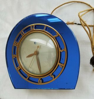Vintage 1932 To 1937 Telechron Blue Mirror Art Deco Electric Clock 4f71