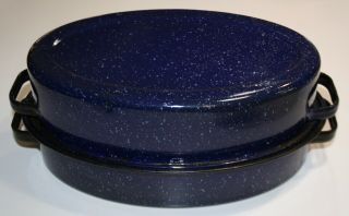 Blue Speckled Enamelware Oven Roasting Pan With Lid 12 X 8 X 4.  5