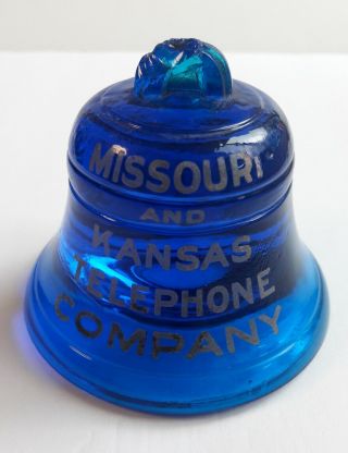 Vintage Missouri And Kansas Telephone Co Bell System Blue Glass Bell Paperweight