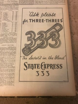 Rare 1930s State Express 333 Three Threes Cigarettes Print Advertising