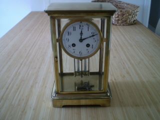 Japy Frères Et Cie Brass And Beveled Glass Mantel Clock Mercury Pendulum Runs Gd
