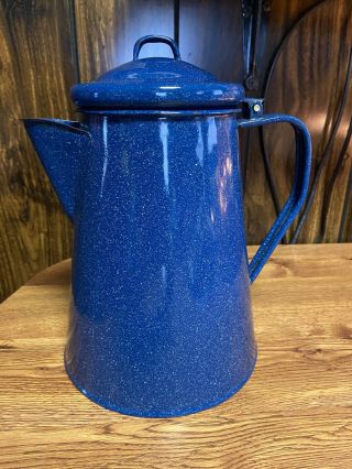 Vintage 10” Blue Speckled Enamel Camping Pot For Boiling Water No Insert