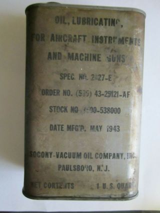 Vintage Oil Can Military Aircraft And Machine Gun Oil Quart 1943 Socony - Vacuum